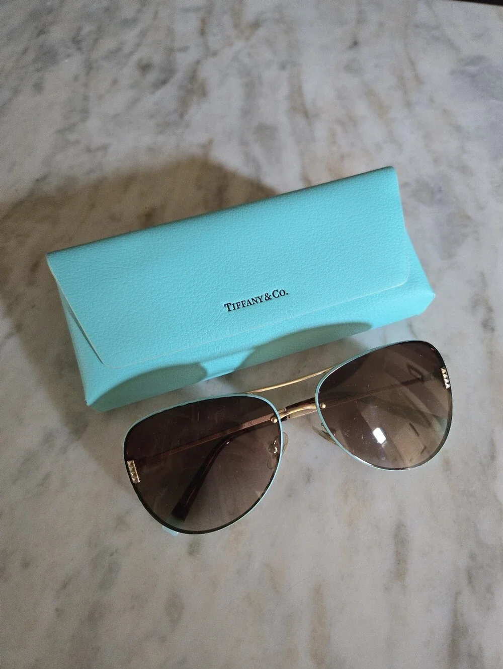 Tiffany & Co. Gold & Blue Aviator Sunglasses with Brown Lenses TF3066